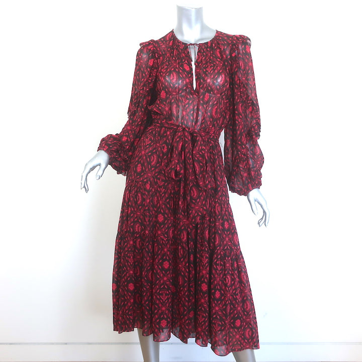 Ulla Johnson Aliya Belted Midi Dress Red Printed Silk Chiffon Size 6