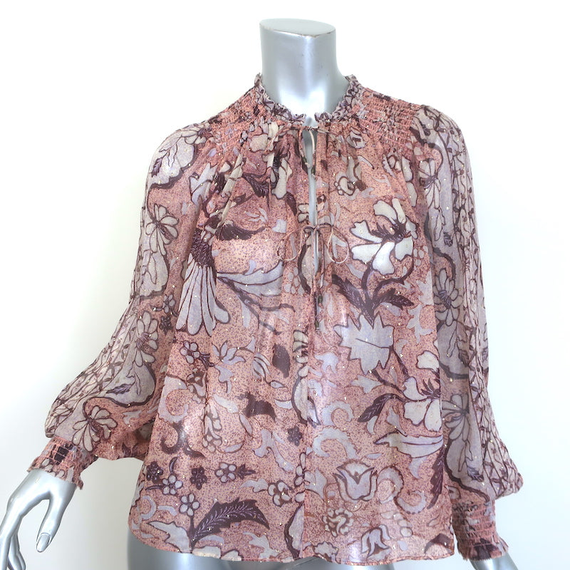 Ulla Johnson Anita Blouse Pink Metallic Floral Print Chiffon Size 8 Tie-Neck Top