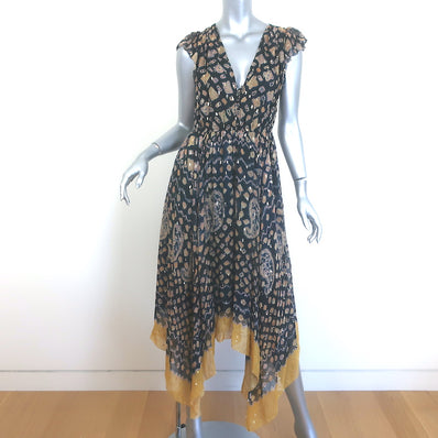 Ulla Johnson Aurelie Midi Dress Black/Gold Metallic Printed Chiffon Size 4
