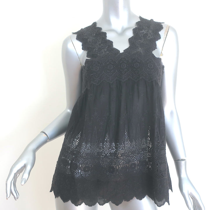 Ulla Johnson Birdie Tank Top Black Floral-Embroidered Cotton Size 4 NEW