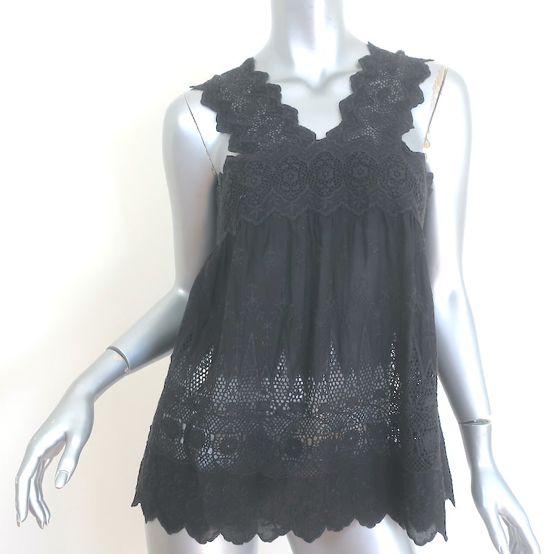 Ulla Johnson Birdie Tank Top Black Floral-Embroidered Cotton Size 4 NEW