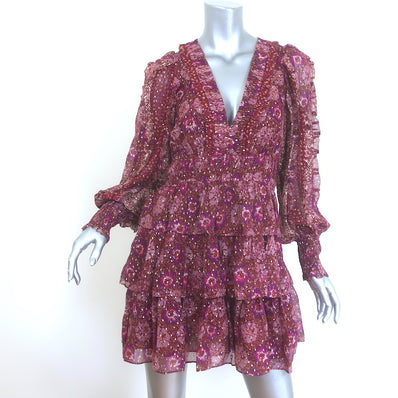 Ulla Johnson Brisa Tiered Mini Dress Purple/Red Metallic Floral Print Size 2