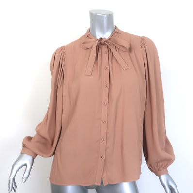 Ulla Johnson Clemens Tie-Neck Blouse Fawn Beige Crepe Size 2 Blouson Sleeve Top