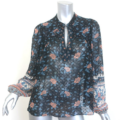Ulla Johnson Constance Blouse Navy Floral Print Chiffon Size 8 Long Sleeve Top