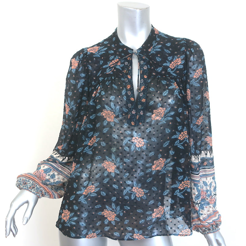 Ulla Johnson Constance Blouse Navy Floral Print Chiffon Size 8 Long Sleeve Top