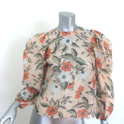 Ulla Johnson Eliza Puff Sleeve Blouse Alabaster Floral Print Silk Cloque Size 0