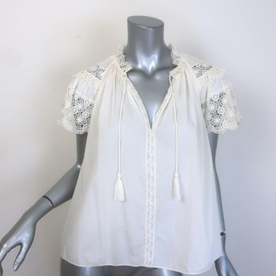 Ulla Johnson Elsie Crochet Lace-Sleeve Tassel Tie Blouse