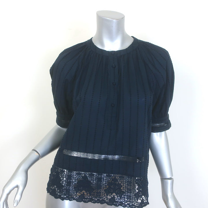 Ulla Johnson Faye Embroidered Puff Sleeve Top Navy 