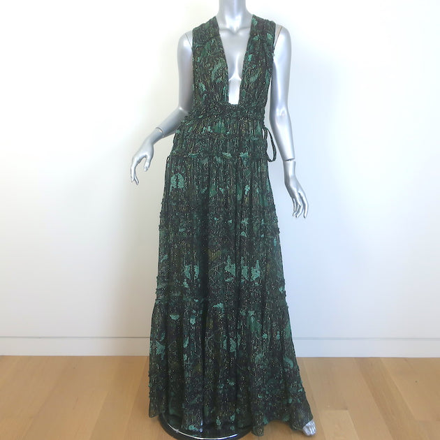 Ulla Johnson Fiona Tiered Tie-Back Printed Gown Dark Green Metallic Si Celebrity Owned Ulla Johnson Fiona Tiered Tie-Back Printed Gown Dark Green Metallic Si Celebrity Owned