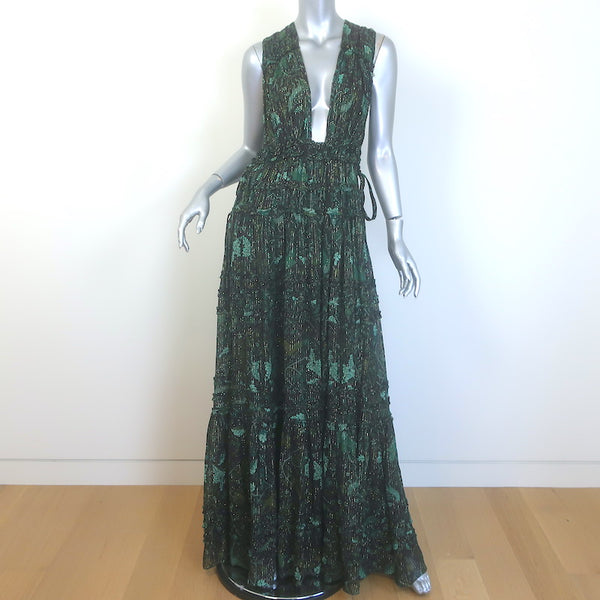 Ulla Johnson Fiona Tiered Tie-Back Printed Gown Dark Green Metallic Si Celebrity Owned Ulla Johnson Fiona Tiered Tie-Back Printed Gown Dark Green Metallic Si Celebrity Owned