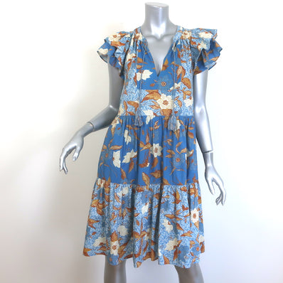 Ulla Johnson Gail Tiered Tassel-Tie Dress Blue Floral Print Cotton-Blend Size 2