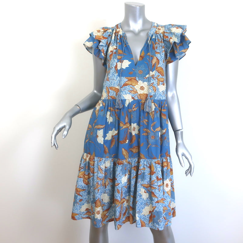 Ulla Johnson Gail Tiered Tassel-Tie Dress Blue Floral Print Cotton-Blend Size 2