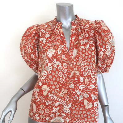 Ulla Johnson Imari Puff Sleeve Top Orange Floral Print Poplin Size 8