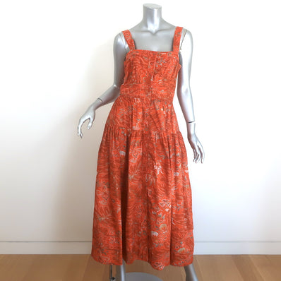 Ulla Johnson Isabela Tiered Midi Dress Papaya Printed Cotton Poplin Size 6