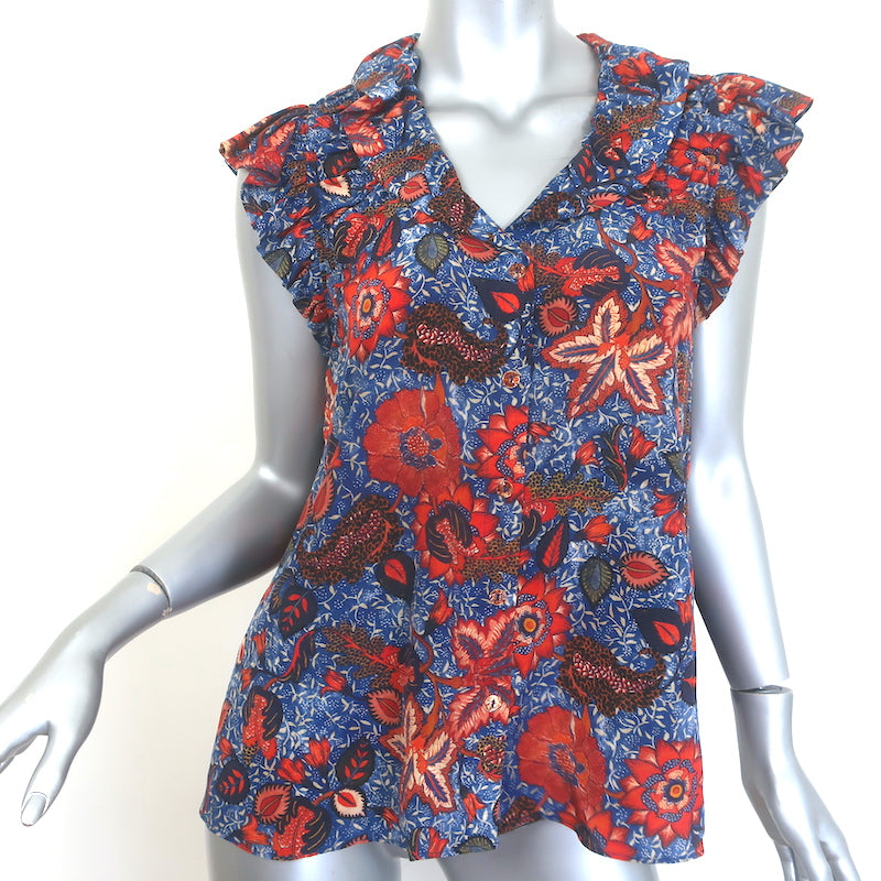 Ulla Johnson Ivette Ruffled Button-Up Blouse Blue/Red Floral 