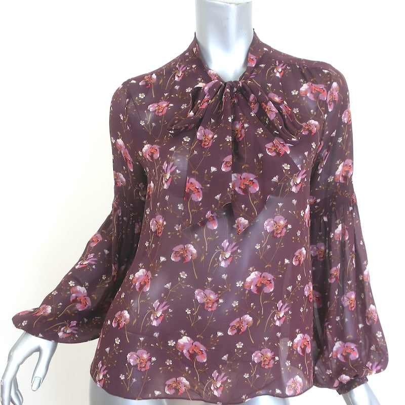 Ulla Johnson Mimi Tie-Neck Blouse Plum Floral Print Silk Size 2 Long Sleeve Top