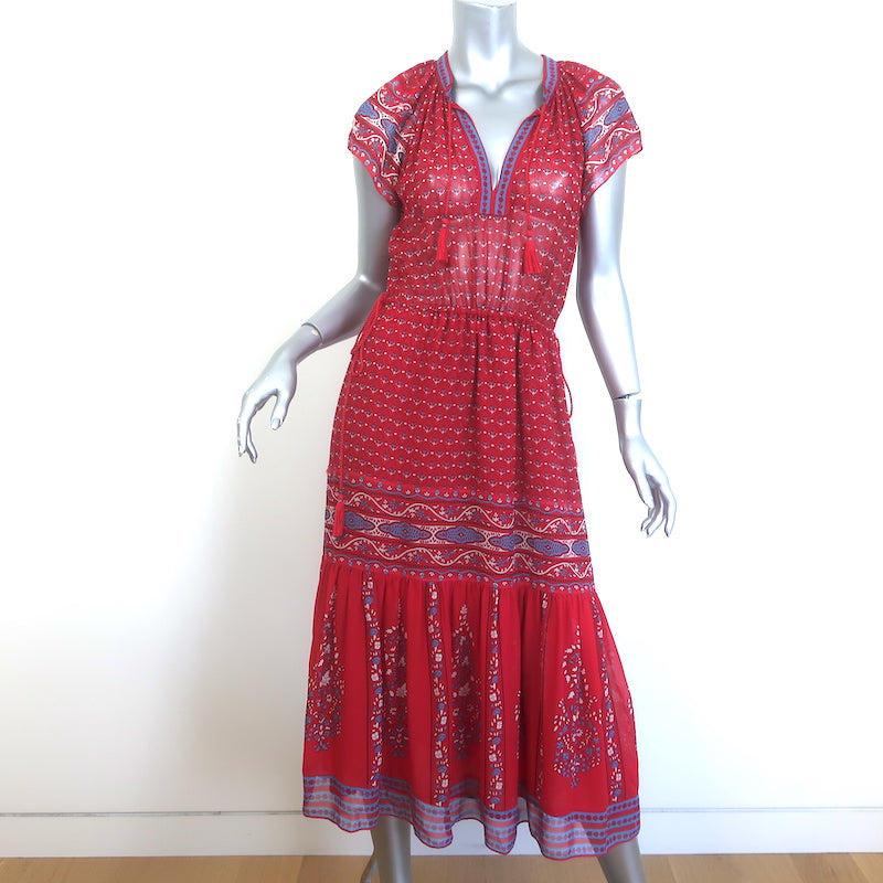 Ulla Johnson Neela Tassel-Tie Midi Dress Red Printed Chiffon Size 6