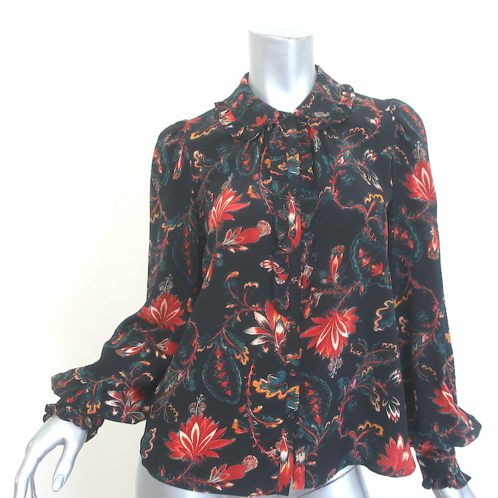 Ulla Johnson Philipa Ruffle-Trimmed Blouse Black Floral Print Silk Size 2
