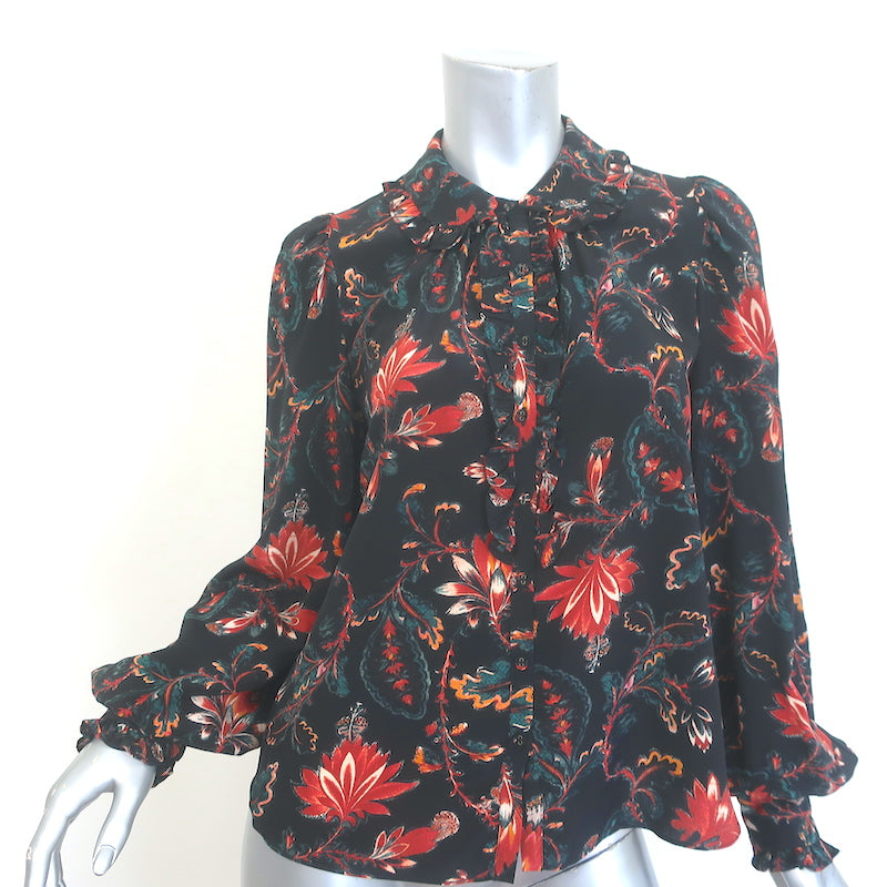 Ulla Johnson Philipa Ruffle-Trimmed Blouse Black Floral Print Silk Size 2