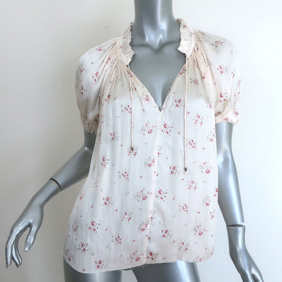 Ulla Johnson Puff Sleeve Top Cream Floral Print Satin Size 8 Tie-Neck Blouse