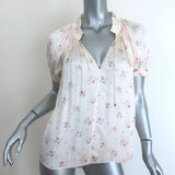 Ulla Johnson Puff Sleeve Top Cream Floral Print Satin Size 8 Tie-Neck Blouse