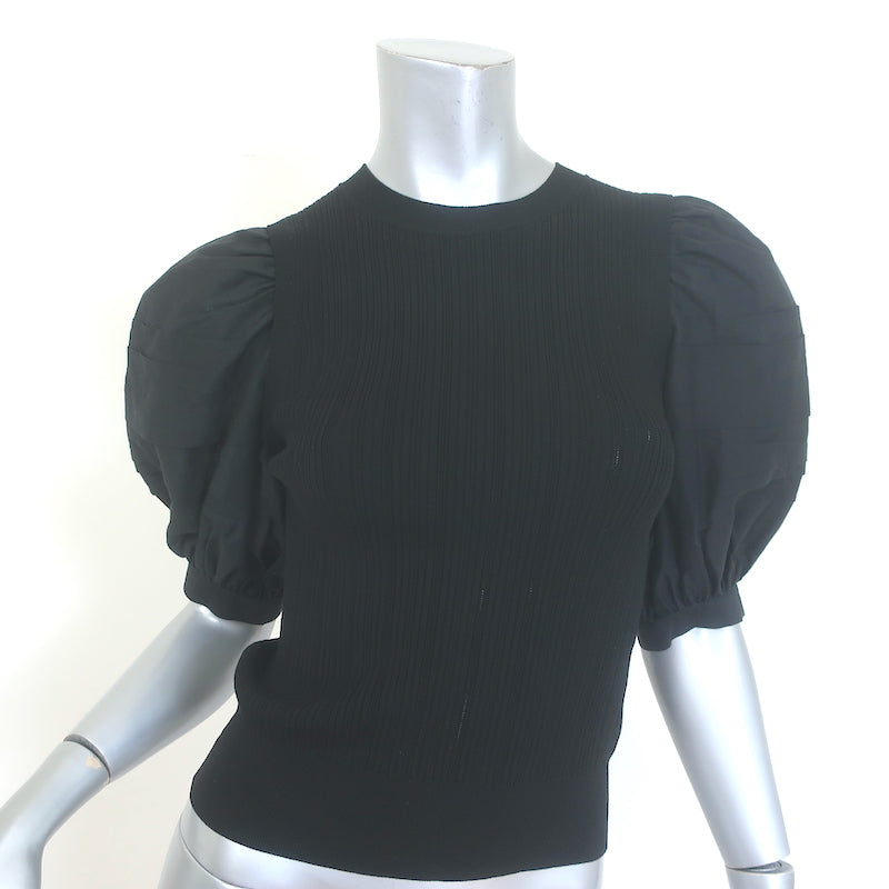 Ulla Johnson Rosalie puff-sleeve mixed-media black stretch-knit top, petite, pre-owned and gently worn luxury piece