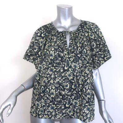 Ulla Johnson Sena Tie-Neck Top Navy Floral Print 