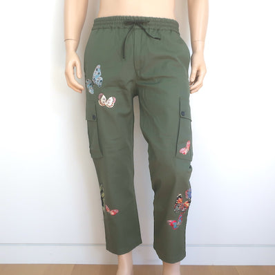 Valentino Butterfly-Embroidered Cargo Pants Army Green Cotton Size 46