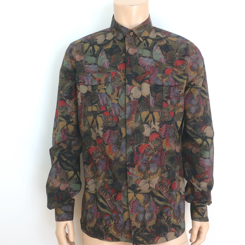 Valentino Butterfly Print Button Down Shirt Brown/Multi Cotton Size 43