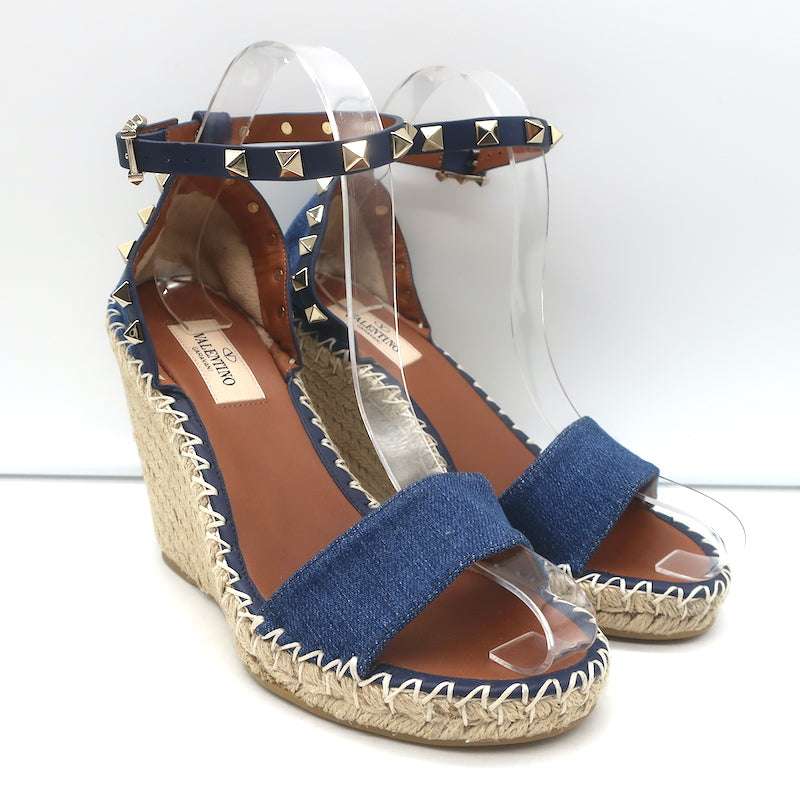 Valentino Denim Rockstud Espadrille Wedge Sandals Blue Leather Size 36 –  Celebrity Owned