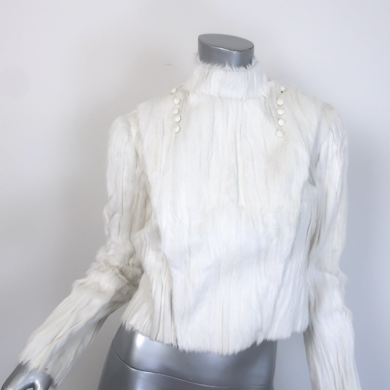Valentino Flap-Front Goat Fur Jacket Cream Size 38