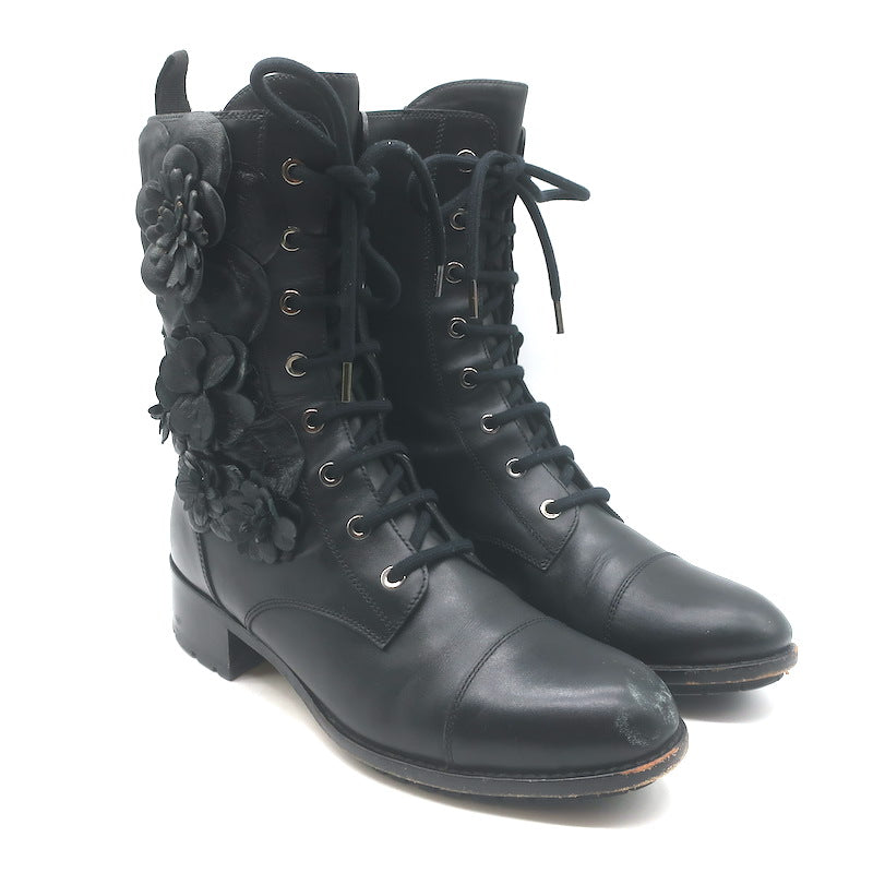 Valentino Floral Applique Combat Boots Black Leather Size 39.5