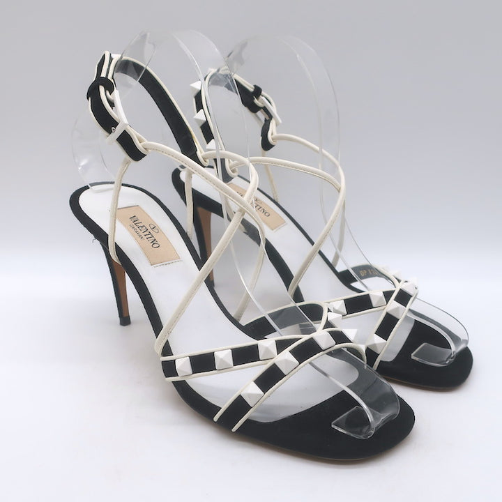 Valentino Free Rockstud Crisscross Sandals Black Suede &amp; White 