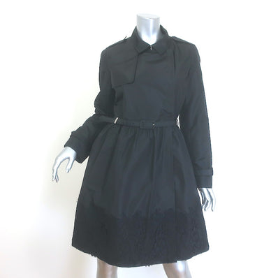 Valentino Lace-Trim Taffeta Belted Flared Trench Coat Black 