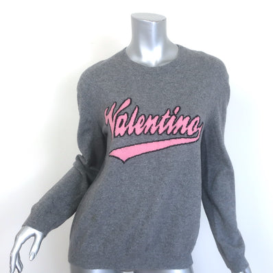 Valentino Logo Intarsia Crewneck Sweater Gray Wool-Cashmere 