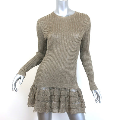 Valentino Long Sleeve Ruffled Mini Dress Gold Metallic Ribbed Knit Size 38