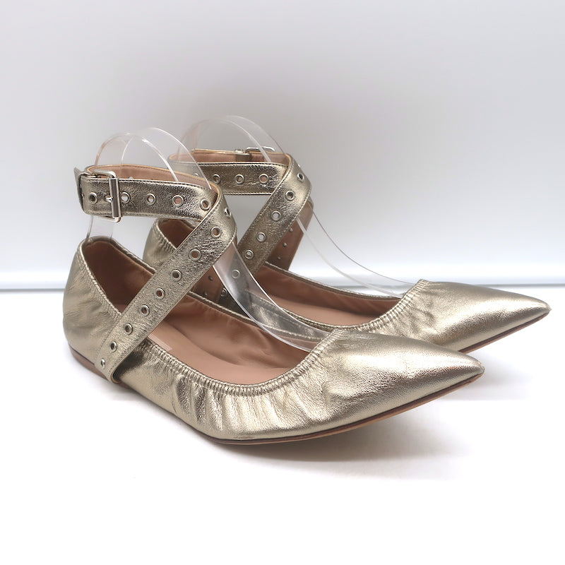 Valentino Love Latch ankle-wrap ballet flats, gold metallic leather, pre-owned authentic Italian luxury, gently worn