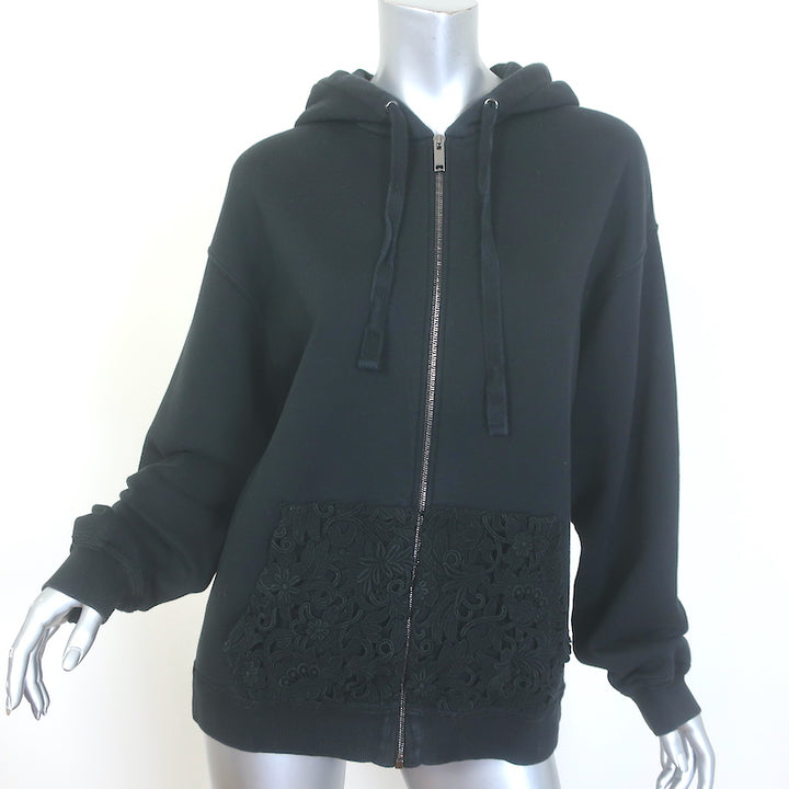 Valentino Macrame Pocket Zip-Up Logo Hoodie Sweatshirt Black Size Small