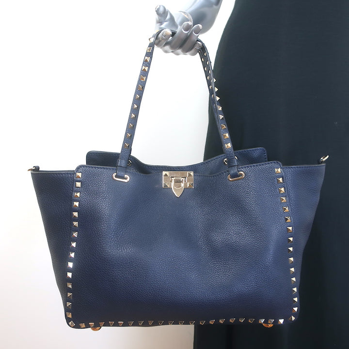 Valentino Medium Rockstud Tote Navy Grained Leather 