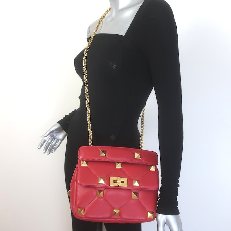 Valentino Medium Roman Stud Shoulder Bag Red 