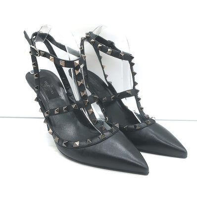 Valentino Noir Rockstud Caged Pumps Black Leather Size 39 Pointed Toe Heels