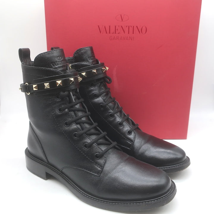 Valentino Rockstud-Strap Lace-Up Combat Boots 