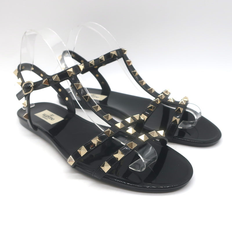Valentino Rockstud Ankle Strap Flat Rubber Sandals Black Size 40