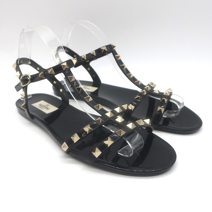 Valentino Rockstud Ankle Strap Flat Rubber Sandals Black Size 40