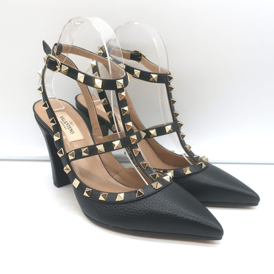 Valentino Rockstud Ankle Strap Pumps Black Leather Size 39 Pointed Toe Heels