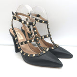 Valentino Rockstud Ankle Strap Pumps Black Leather Size 39 Pointed Toe Heels