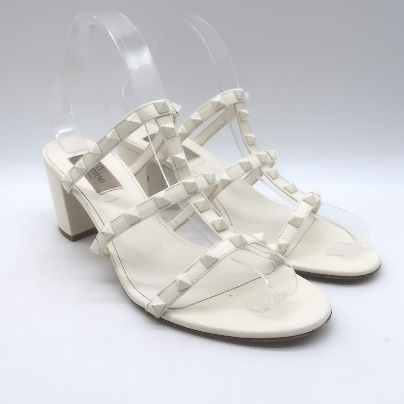 Valentino Rockstud Block-Heel Slide Sandals Cream Leather Size 39