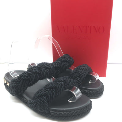 Valentino Rockstud Braided Rope Slide Sandals Black Size 38