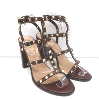 Valentino Rockstud Cage Sandals Dark Brown Leather Size 41 Ankle Strap Heels