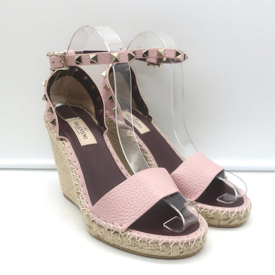 Valentino Rockstud Espadrille Wedge Sandals Light Pink Leather Size 36 NEW